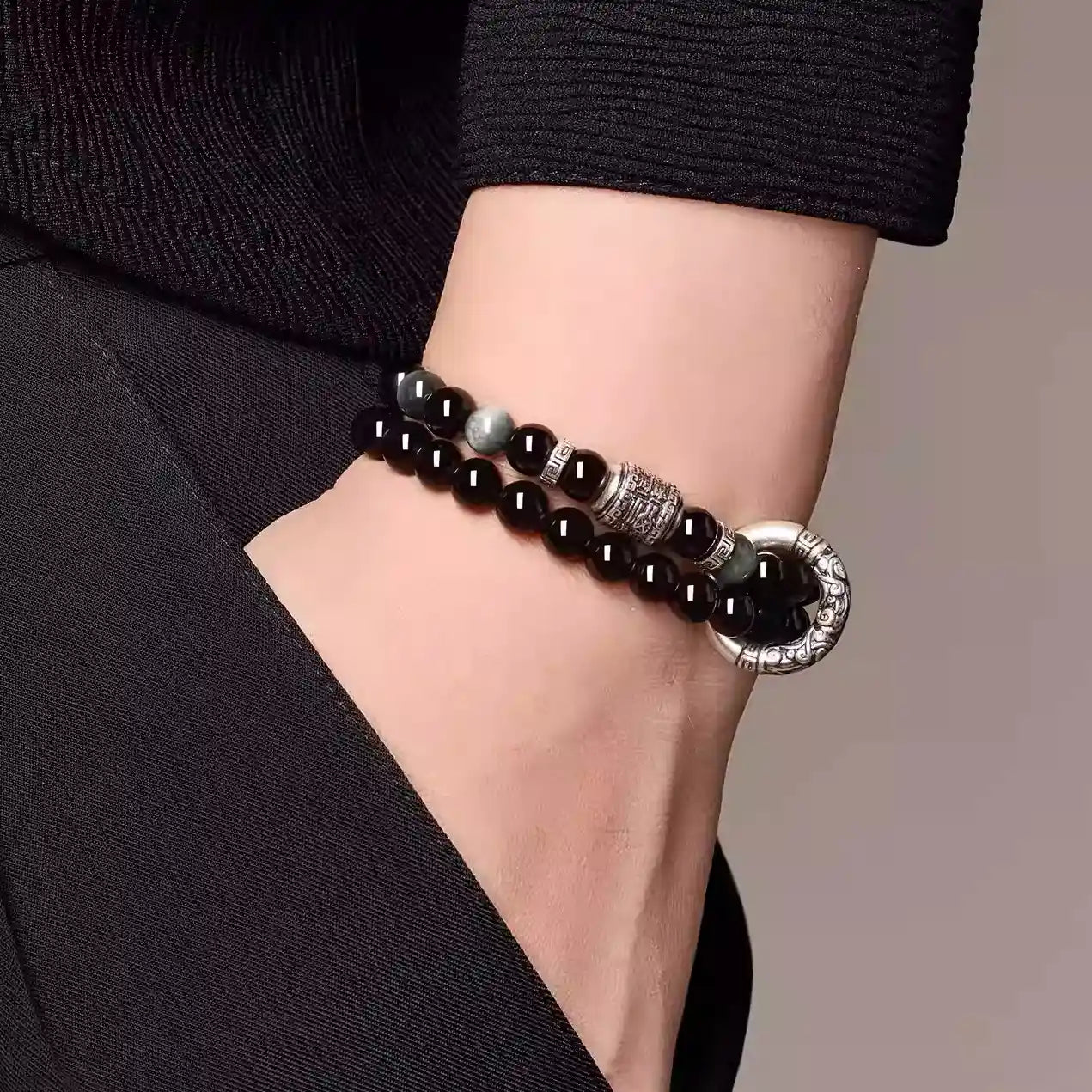 Black obsidian bracelet mens style - crystal bracelet for protection and personal power
