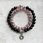 Double Wrap Black Obsidian & Pink Cat Eye Crystal Bracelet