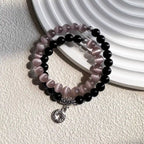 Double Wrap Black Obsidian & Pink Cat Eye Crystal Bracelet