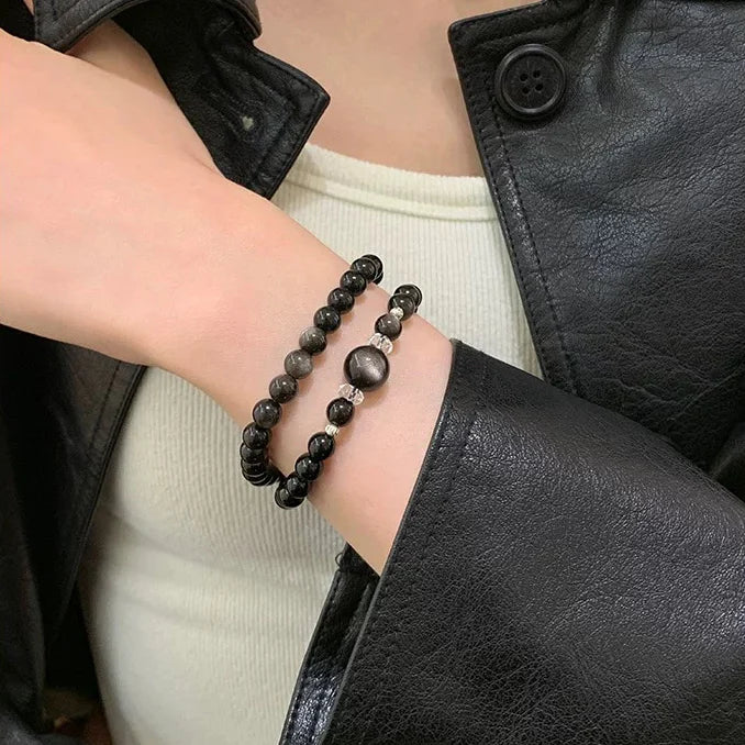Double Circle Black Obsidian Bracelet – Healing Crystal Bracelet for Protection, Grounding & Energy Cleansing