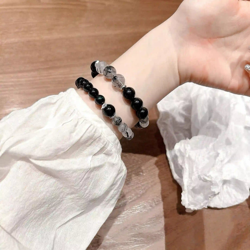 Double Circle Black Obsidian & Black Tourmaline Bracelet – Crystal Healing Bracelet for Protection & Negative Energy Removal