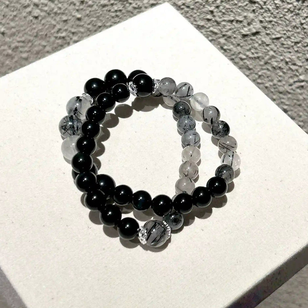 Double Circle Black Obsidian & Black Tourmaline Bracelet – Crystal Healing Bracelet for Protection & Negative Energy Removal