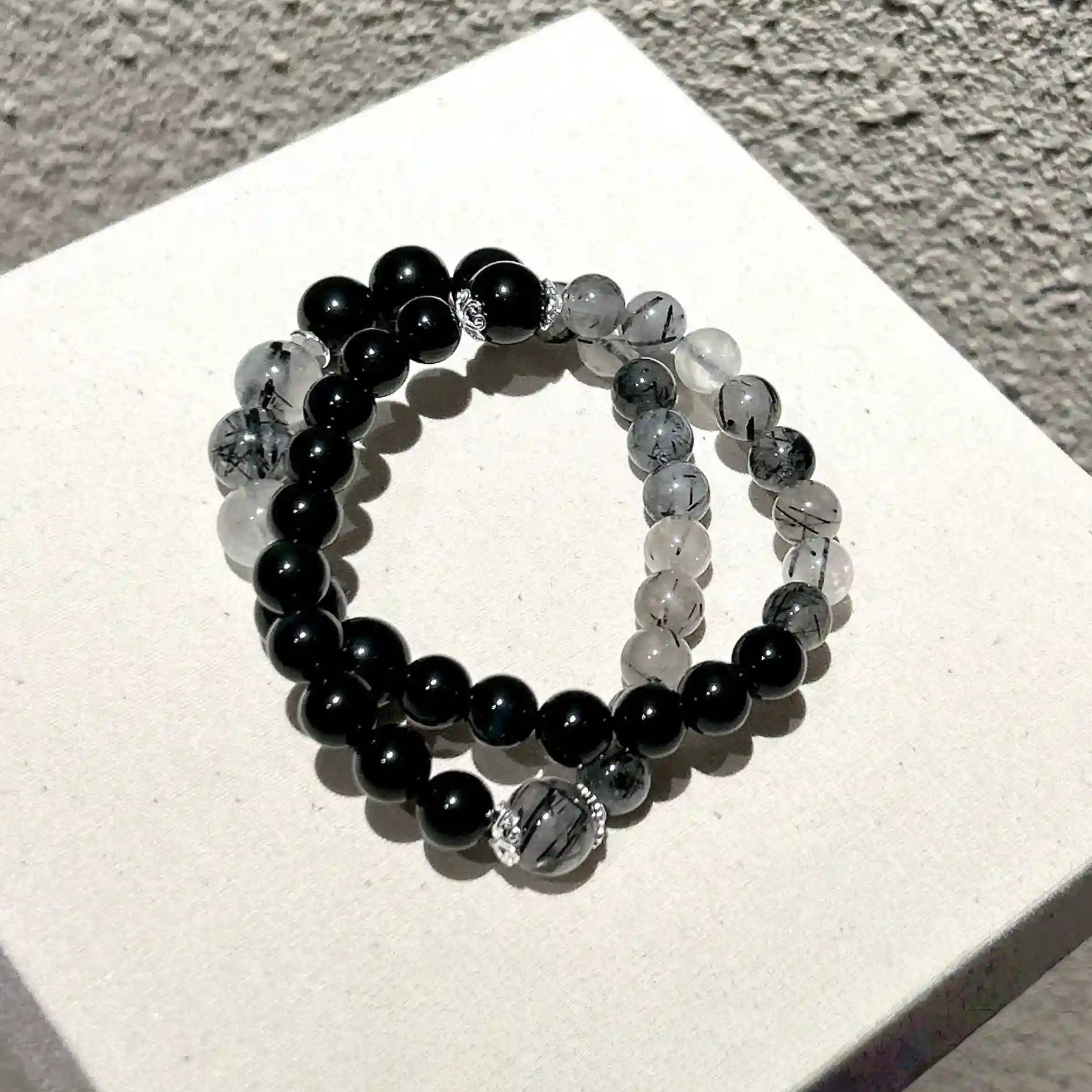 Double Circle Black Obsidian & Black Tourmaline Bracelet – Crystal Healing Bracelet for Protection & Negative Energy Removal
