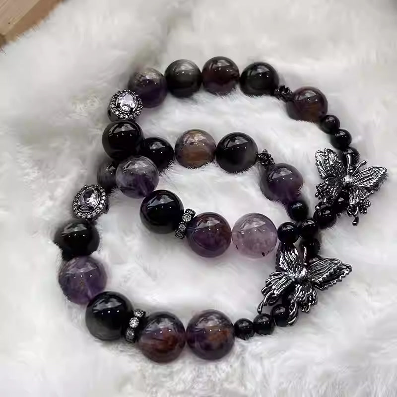 Gothic Amethyst Bracelet with Butterfly Charm - For Transformation and Rebirth