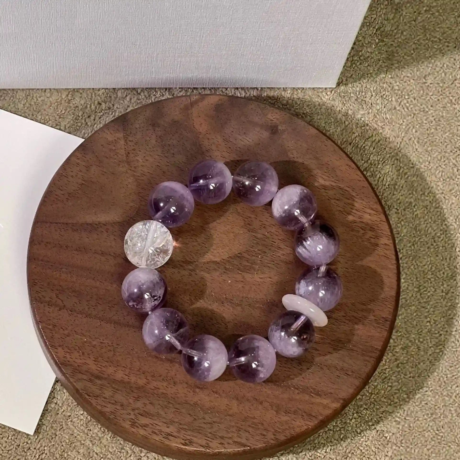 Real amethyst bracelet with white phantom quartz beads for inner wisdom and focus