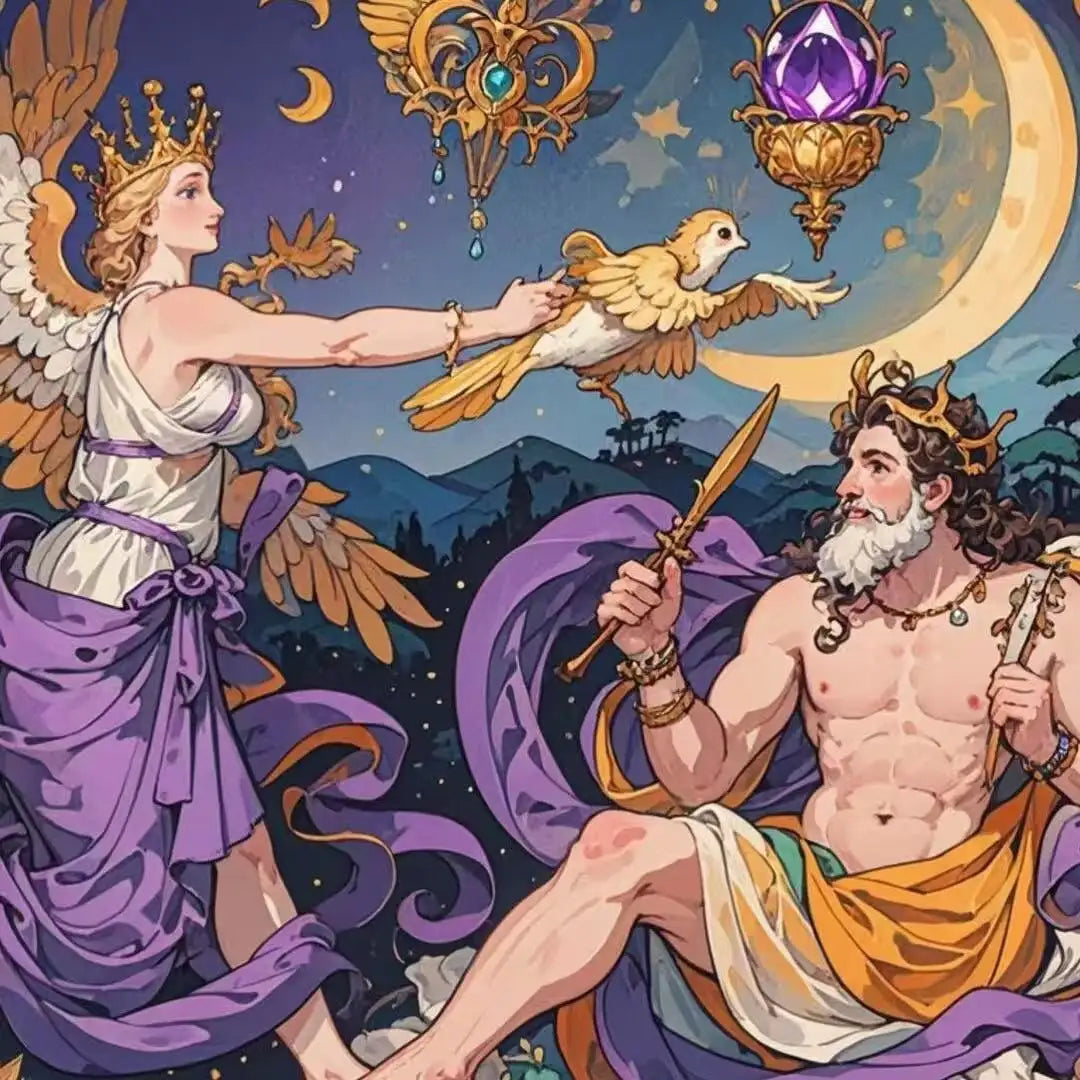 Amethyst myth and ancient legend illustration, purple crystal symbolizing clarity, protection, and modern spiritual meaning