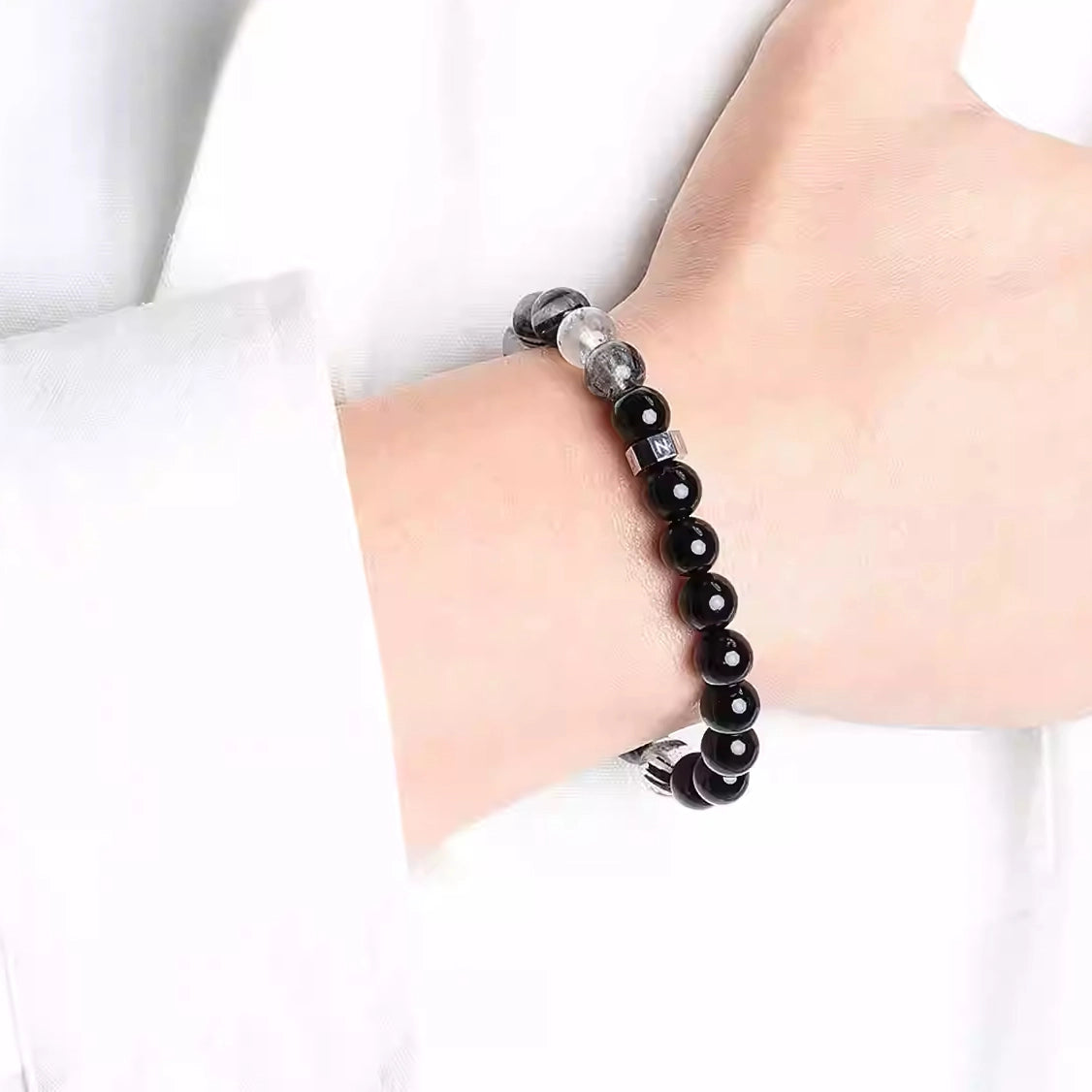 Mens energy bracelet featuring black agate and black rutilated quartz for protection