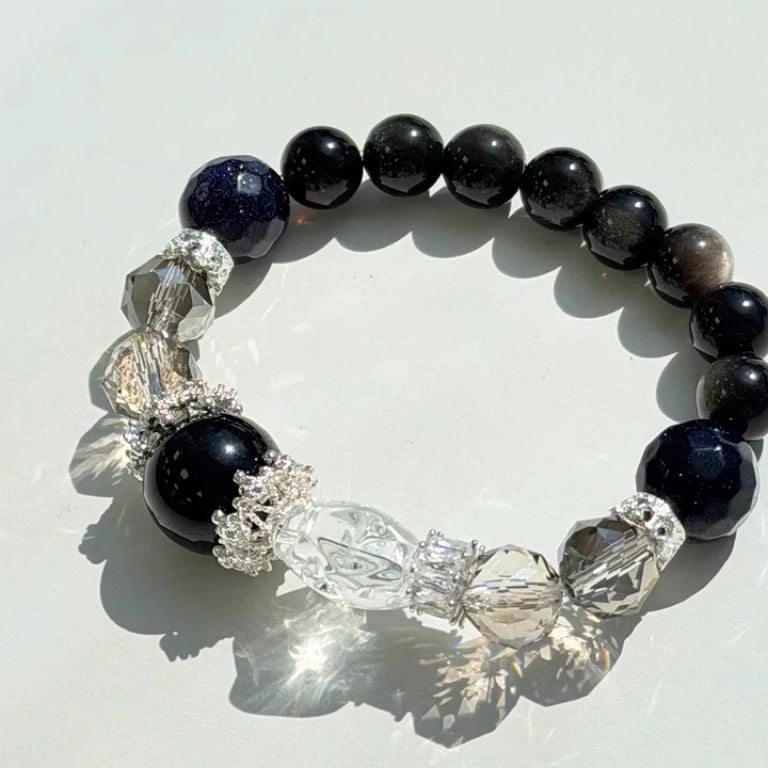 Black obsidian and clear quartz bracelet for protection and clarity