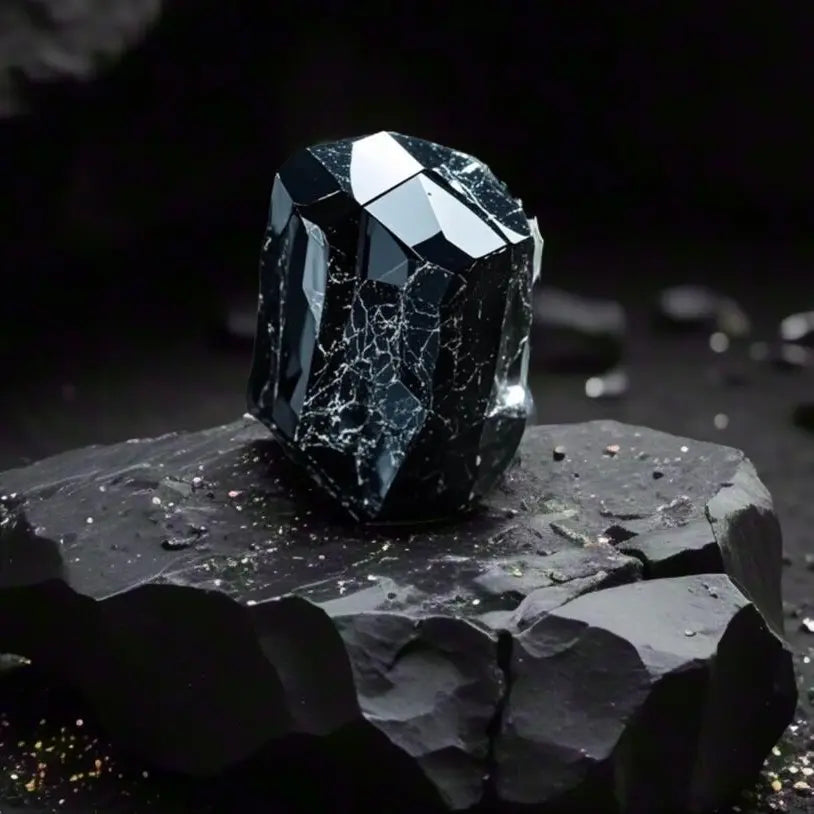 Black obsidian gemstones with polished surfaces and distinctive volcanic glass texture