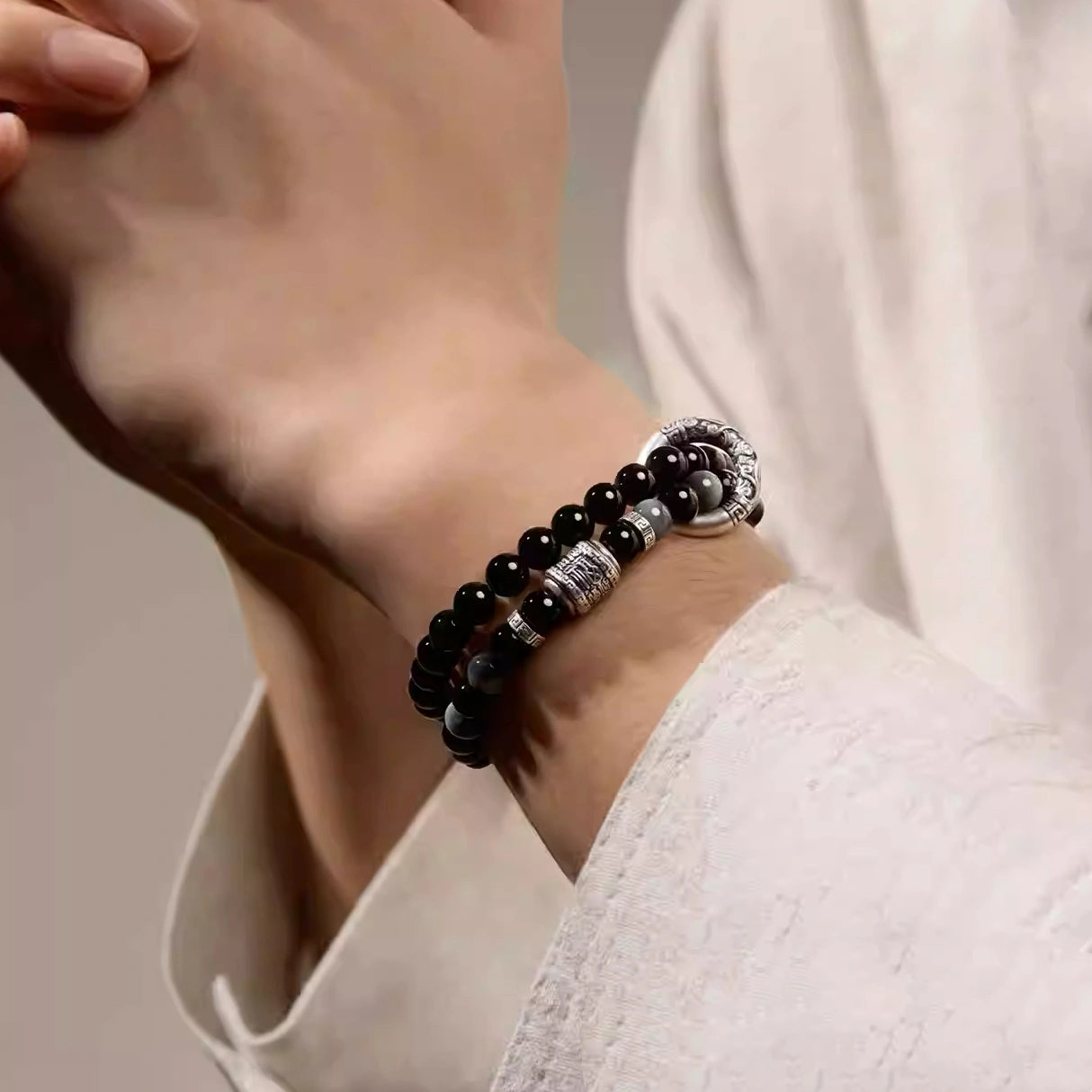 Healing crystal bracelets for men with black obsidian stones for protection and inner strength