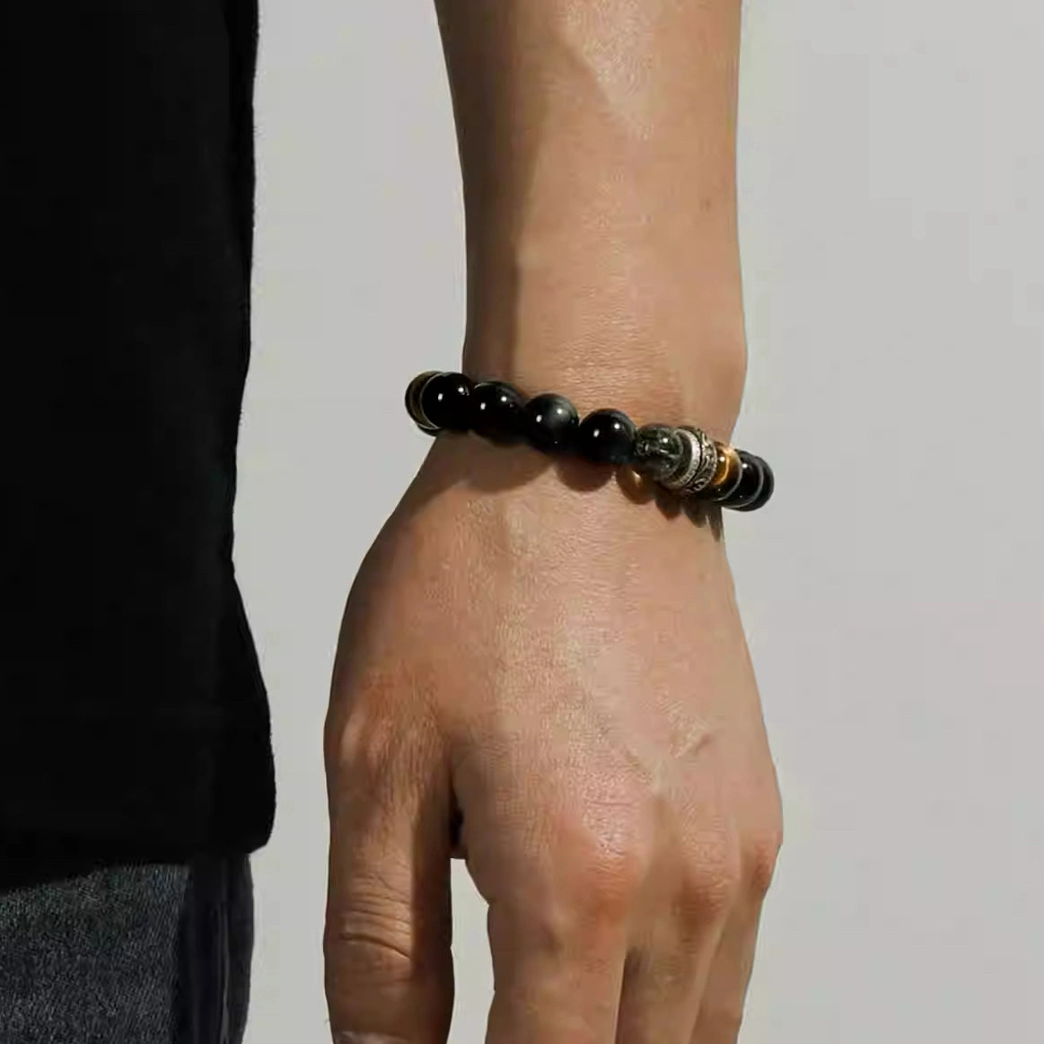 Black obsidian tiger eye men bracelet for psychic protection and courage