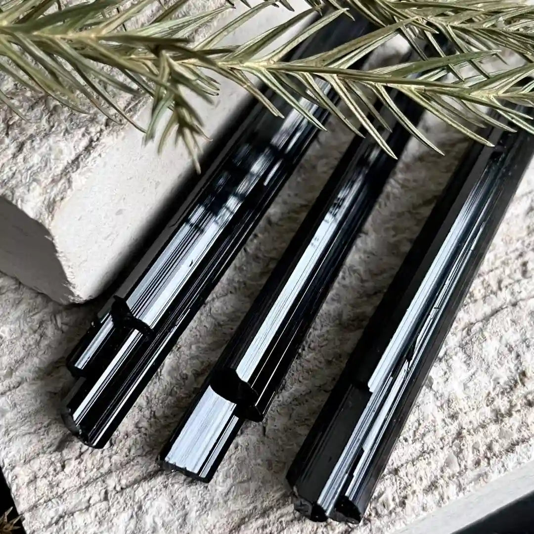 Black tourmaline crystals with deep black color and protection meaning