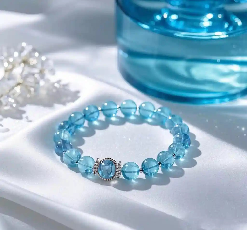 Blue aquamarine bead bracelet with spiritual meaning for chakra healing