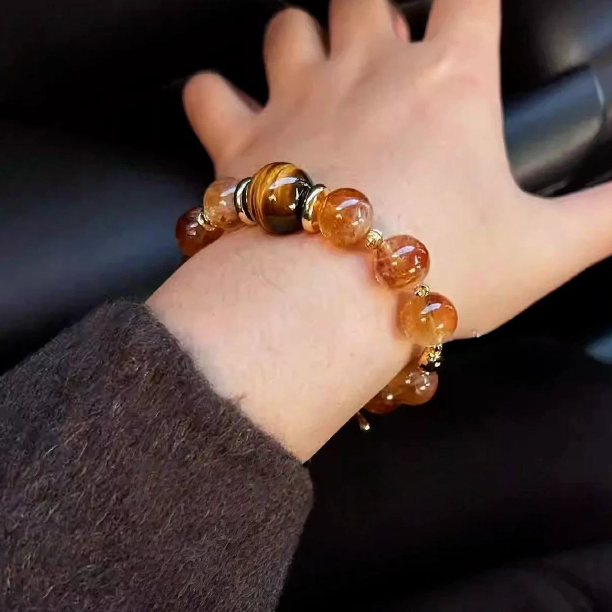 Citrine beaded bracelet with tiger eye for women, positive energy and wealth