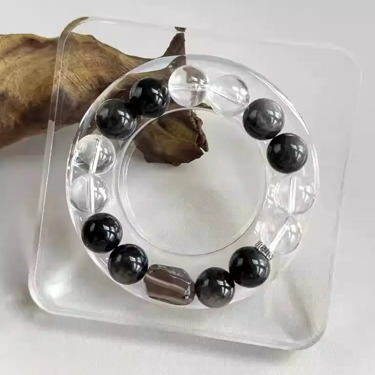 Crystal beads bracelet for men made with black obsidian and clear quartz for protection