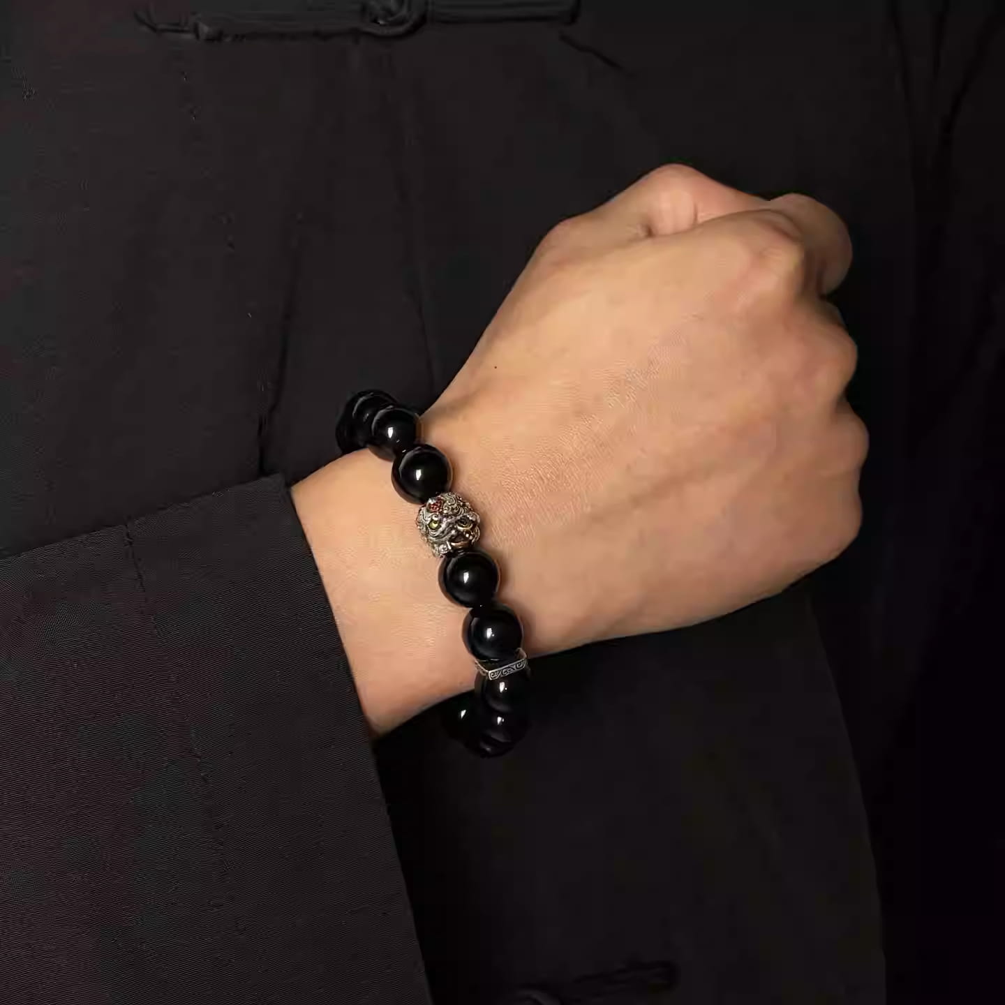 Mens feng shui pixiu black obsidian crystal bracelet for wealth and protection