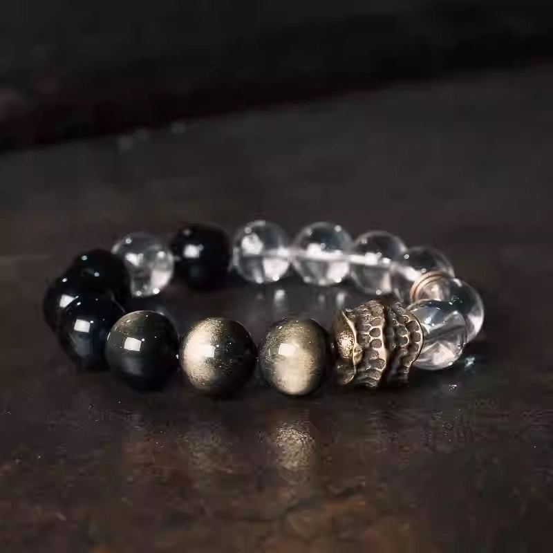 Golden obsidian bracelet with clear quartz  for men designed for protection and clarity