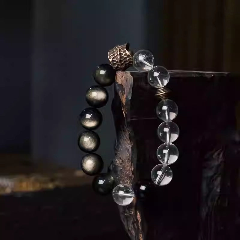Crystal bracelet for men featuring golden obsidian and clear quartz stones for balanced energy