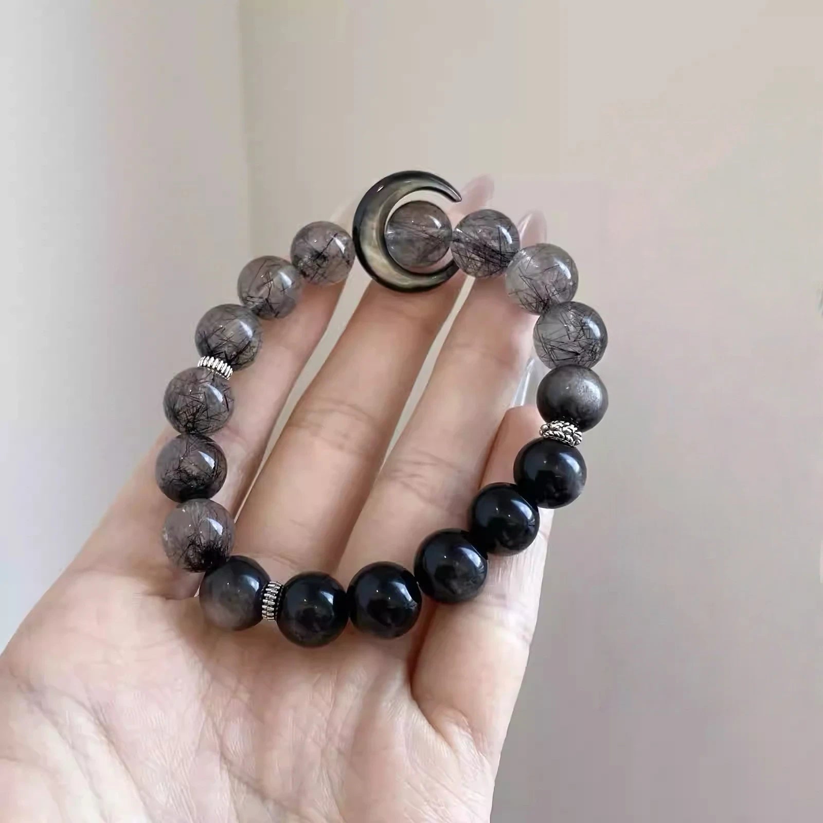 Gradient black obsidian bracelet for women with gemstones crystals for protection