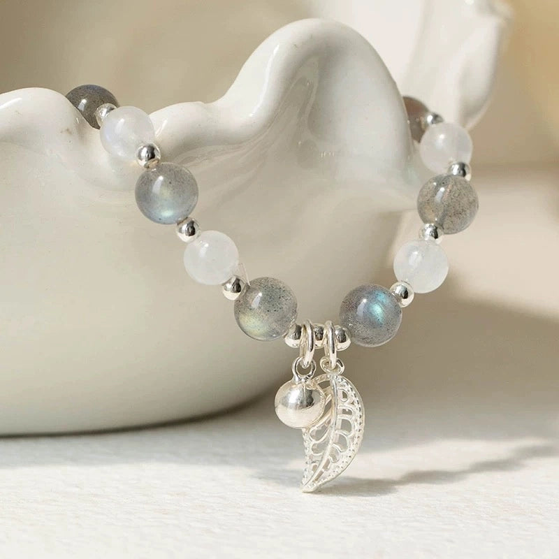 Grey and white moonstone crystal bracelet, promoting calm, spiritual growth and emotional healing