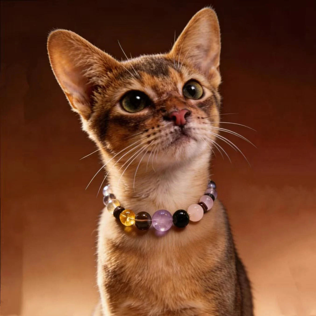 Healing crystal cat collar with natural crystal beads, designed for comfort and calming energy