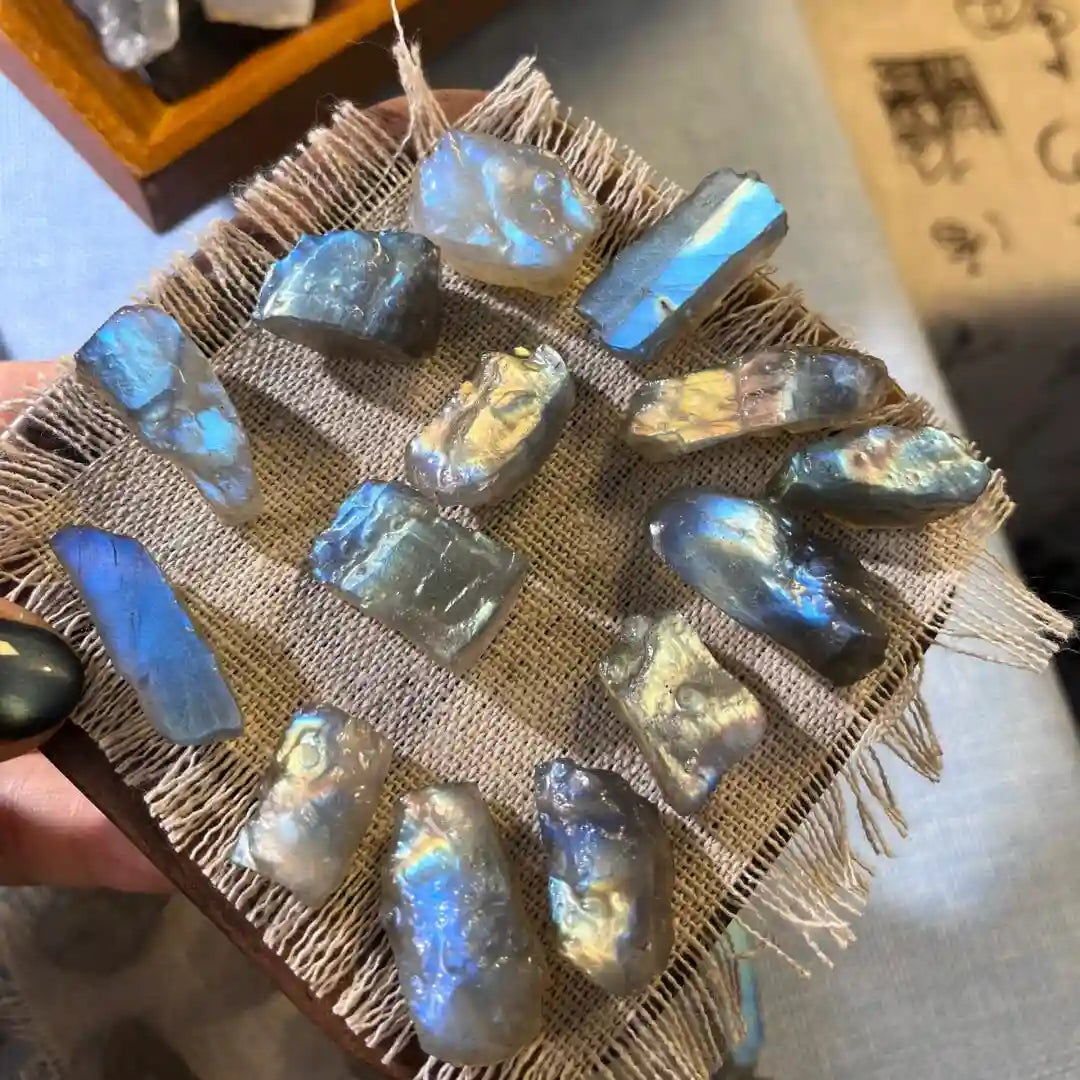 Labradorite gemstone with blue iridescent crystal texture and unique mineral patterns