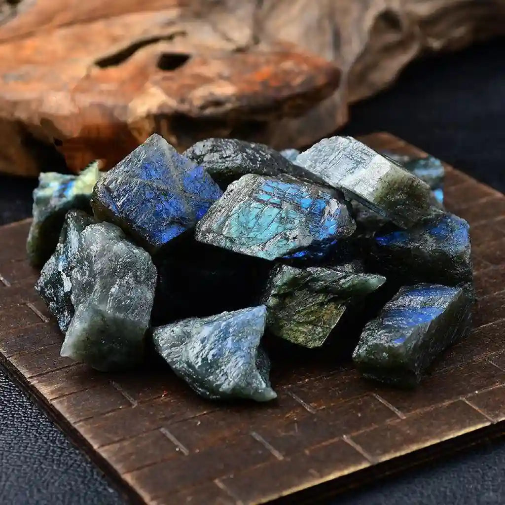 Labradorite stone featuring iridescent blue flashes, gray crystal patterns and a unique gemstone appearance