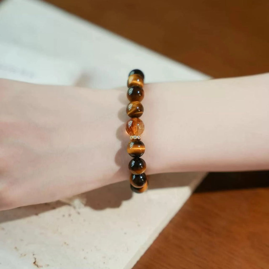 Leo zodiac bracelet with tiger eye and citrine beads, crystals and stones for power balance