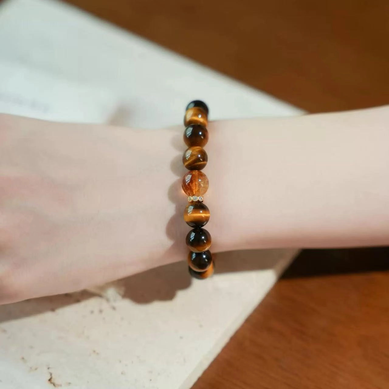 Leo zodiac bracelet with tiger eye and citrine beads, crystals and stones for power balance