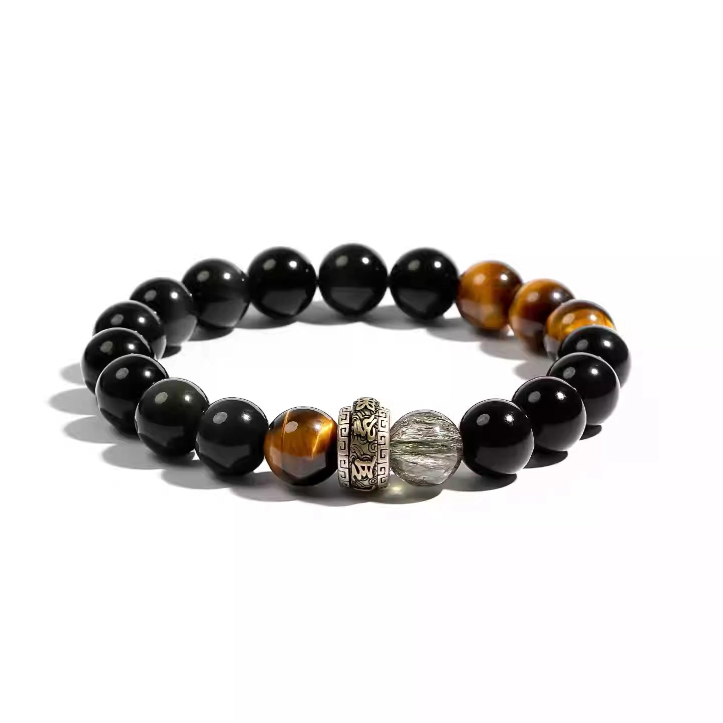 Men black obsidian tiger eye stone bracelet for strength and protection