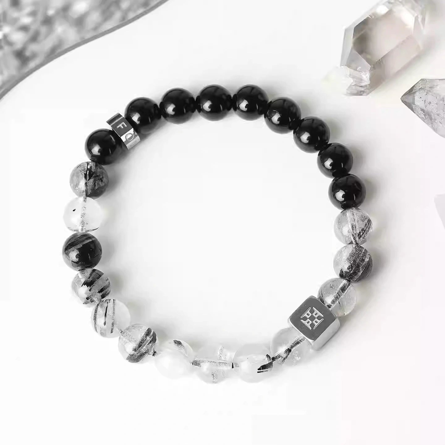 Black agate bracelet with black rutilated quartz beads, protection crystal bracelet for men