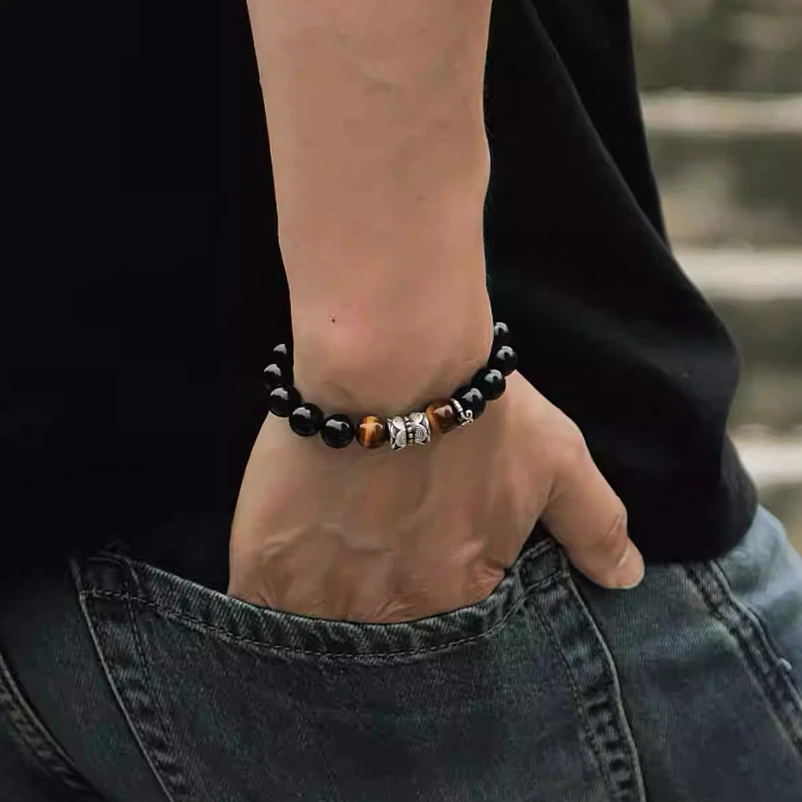 Mens black tourmaline bracelet with tiger eye beads  for protection and positive energy