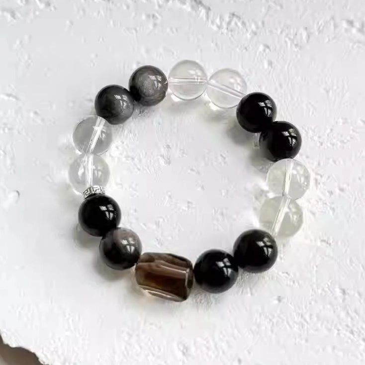 Mens crystal bracelet with black obsidian and clear quartz  to enhance focus, clarity, and energy
