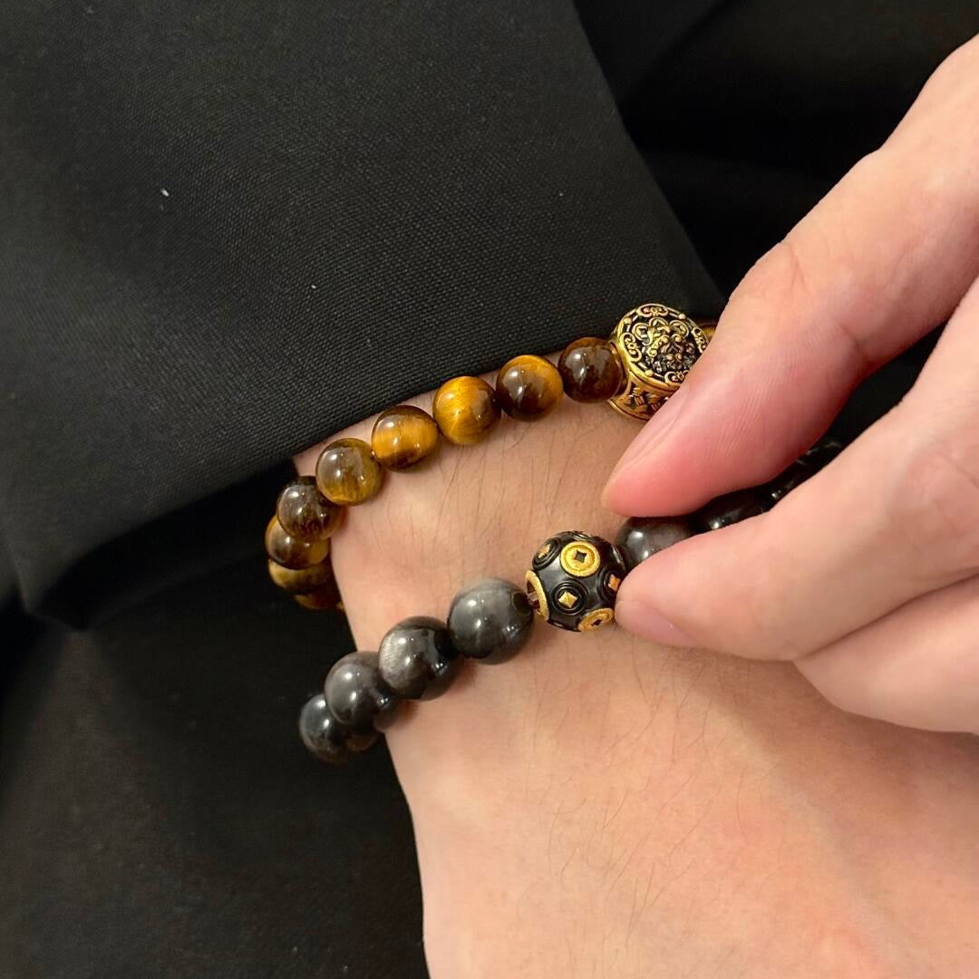 Mens crystal bracelet with natural tiger eye and silver obsidian beads