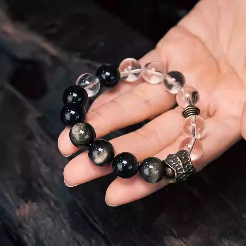 Golden obsidian bracelet with clear quartz beads for men