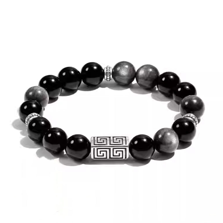Mens silver obsidian bracelet, designed for protection and grounding