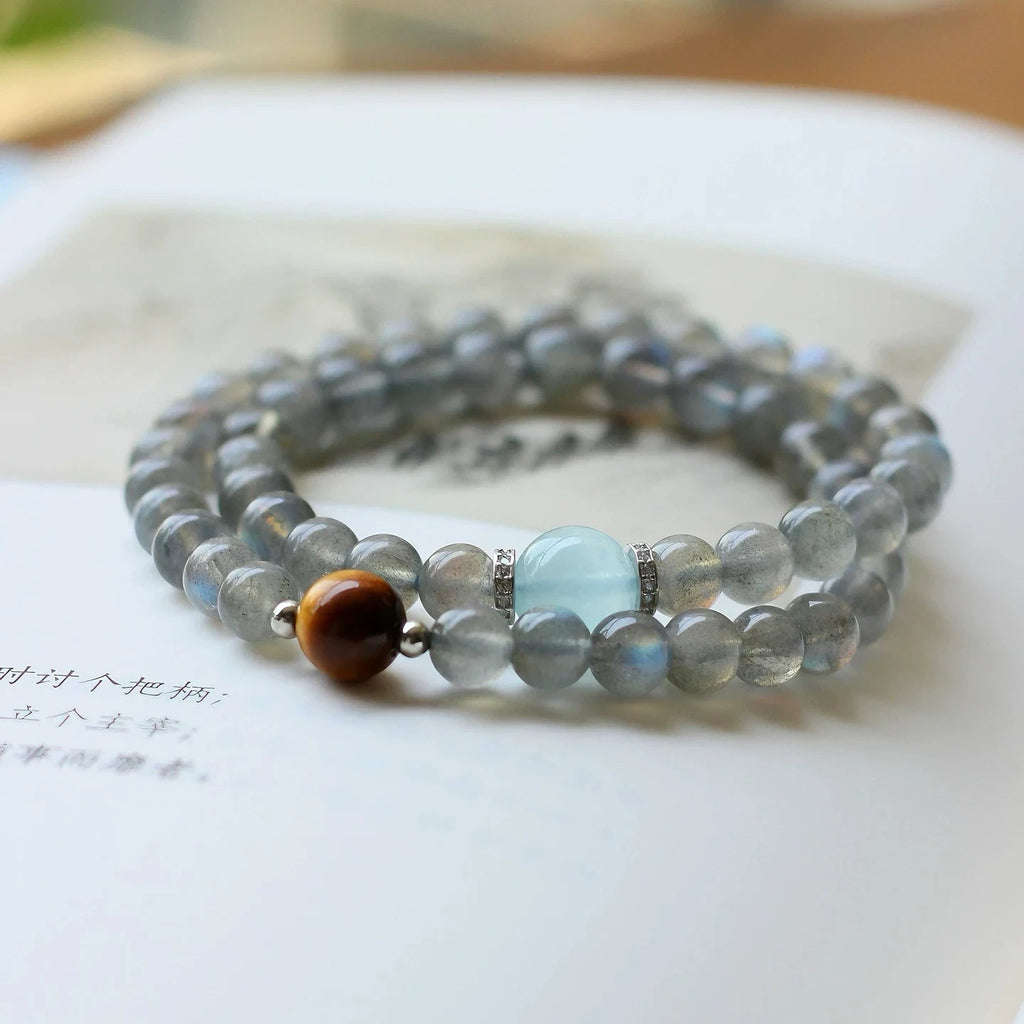 Moonstone bead bracelet with aquamarine, designed to soothe emotions