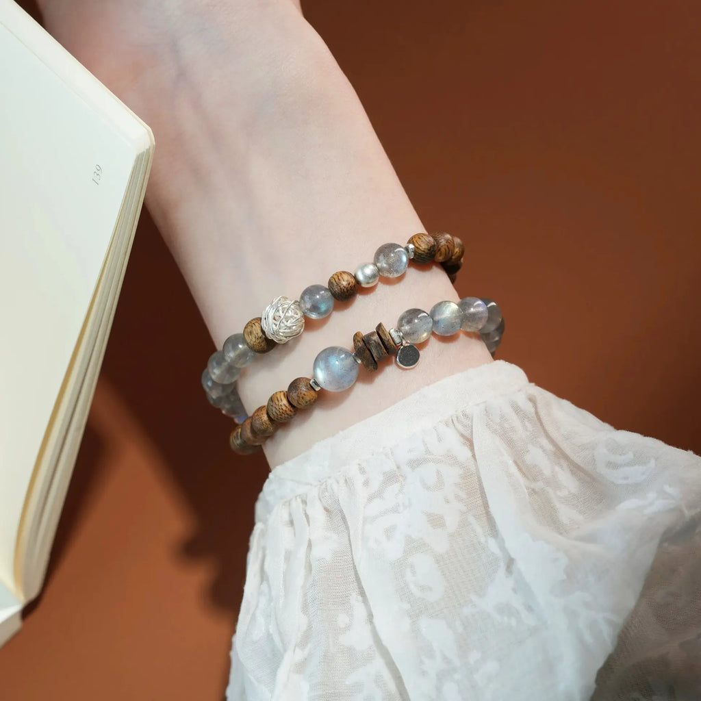 Moonstone crystal bracelet with agarwood beads for calming and healing