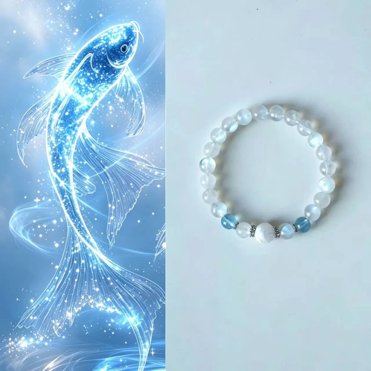 Pisces charm bracelet with moonstone  and aquamarine crystal bead for intuition and calming