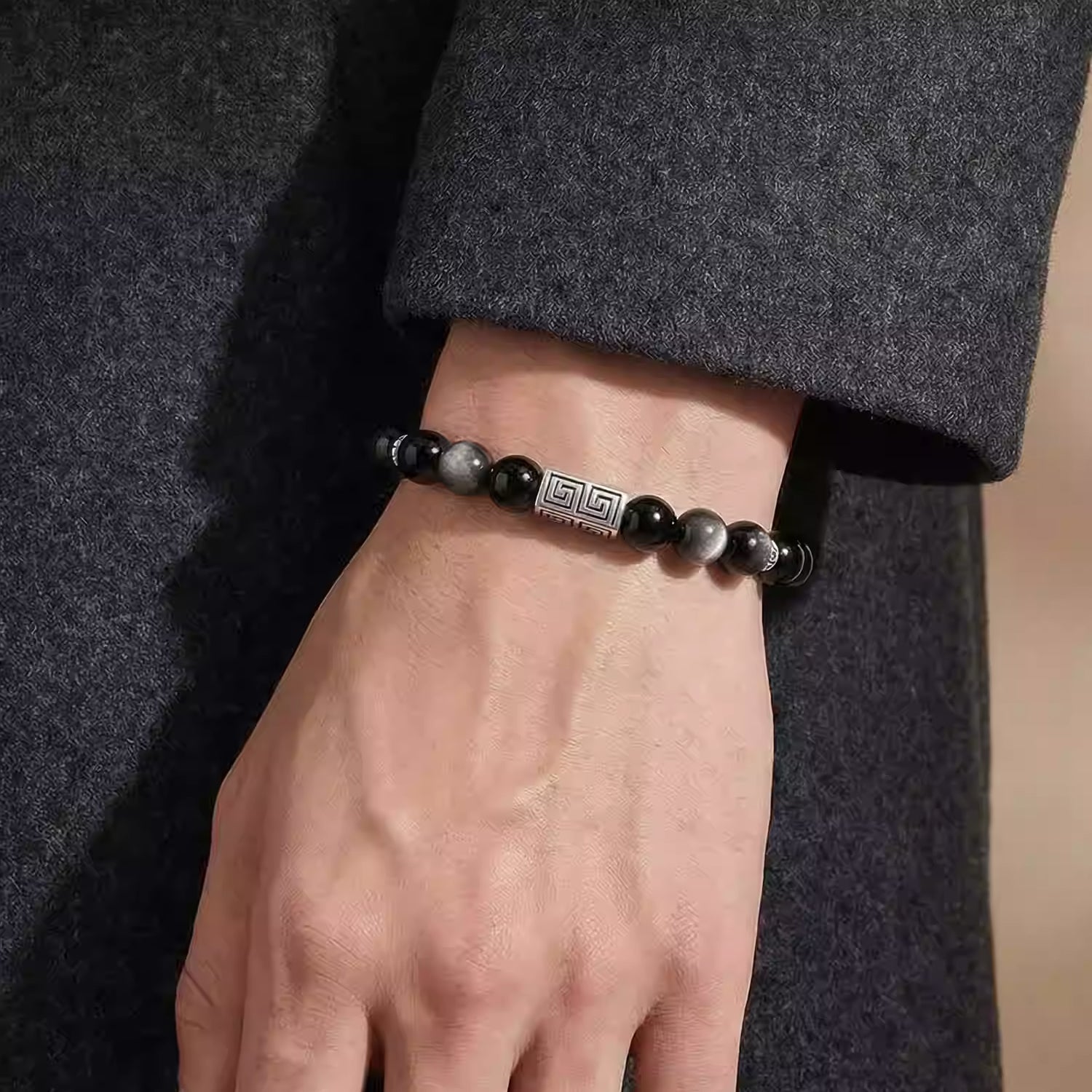 Silver obsidian bracelet for men with protection and emotional healing meaning