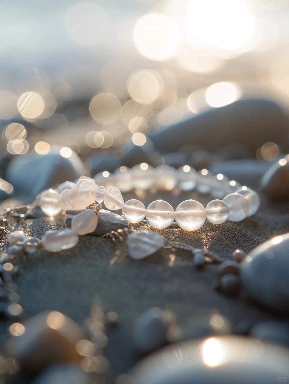 A pure clear crystal bracelet sparkling brilliantly in sunlight, symbolizing its power to amplify energy, purify intentions, and bring clarity to the spirit