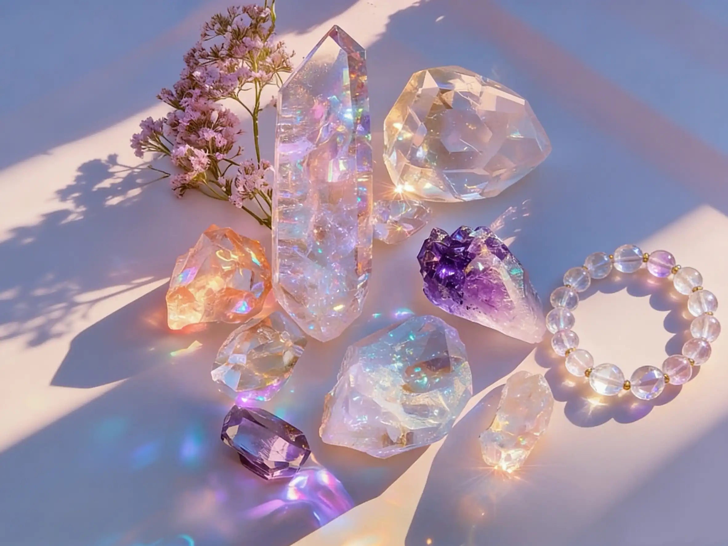 Vibrant multicolored crystals showcasing healing energy, chakra alignment, and spiritual balance