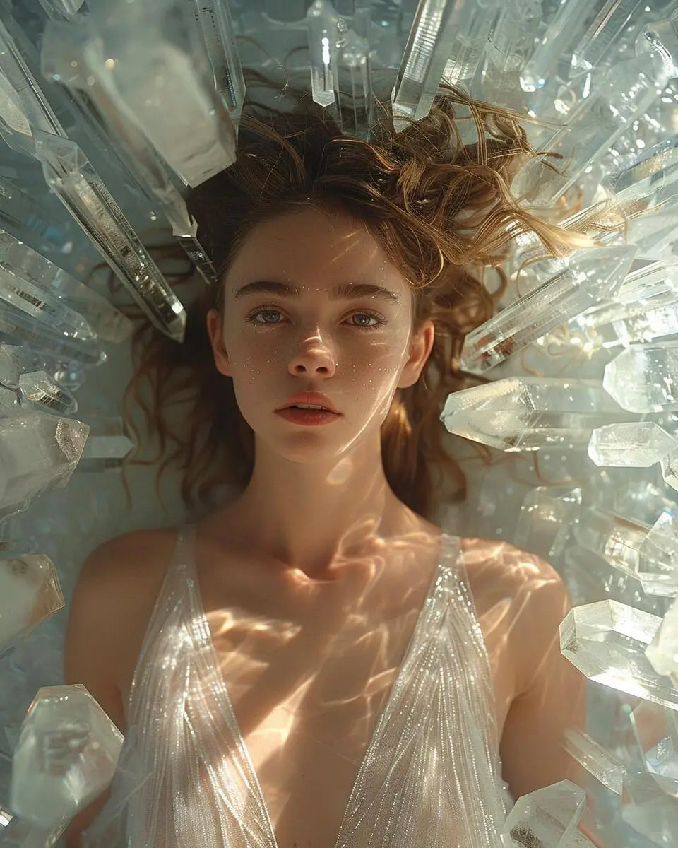 A female model is sleeping amidst a cluster of clear crystal columns showcasing spiritual and healing crystal energy