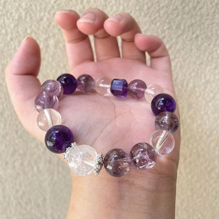 Clear Quartz and Amethyst crystal bracelet, designer crystal bracelets for women, crystals for knowledge and wisdom.