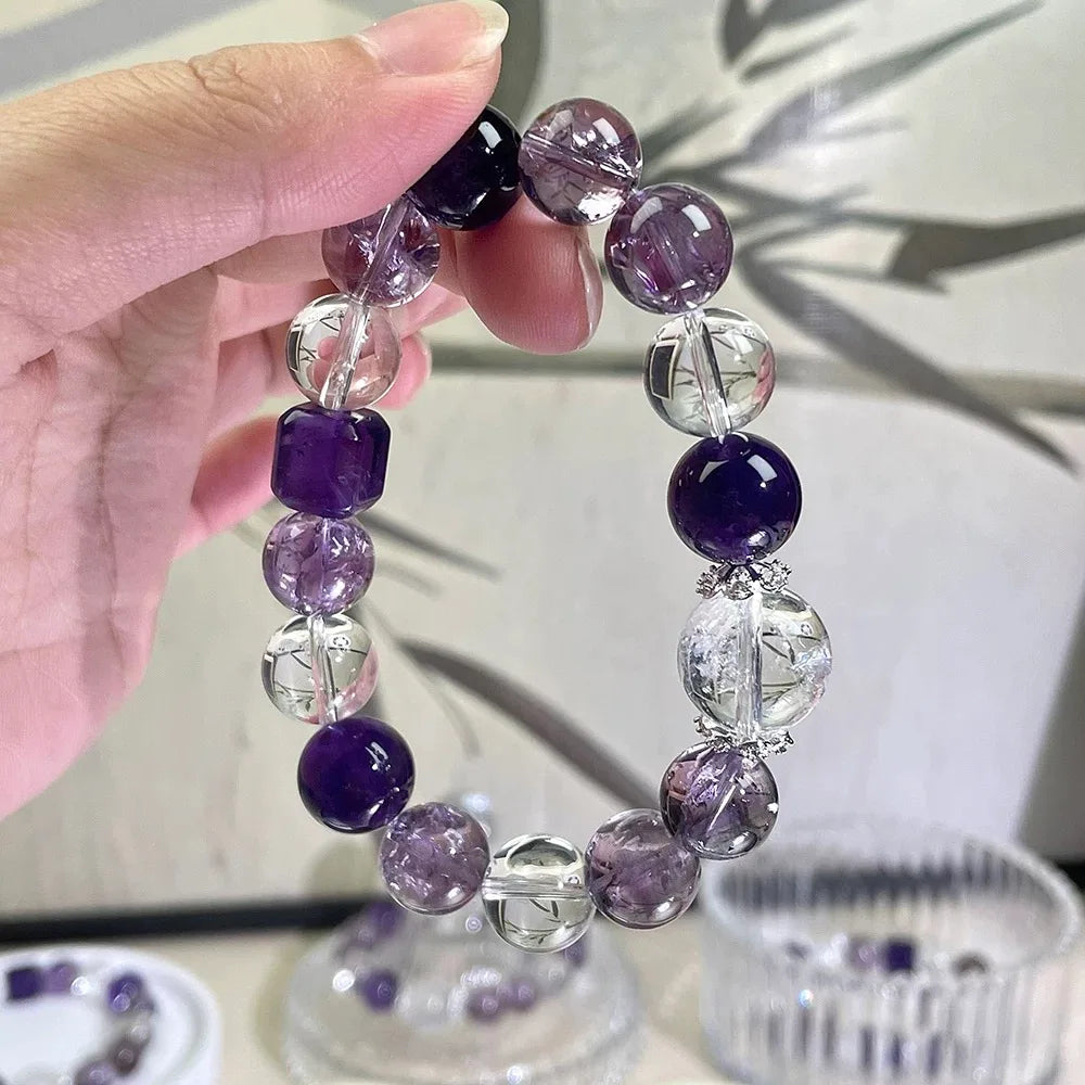 Amethyst and Clear Quartz Bracelet with amethyst beads for women, calming crystal bracelet for wisdom and spiritual balance.