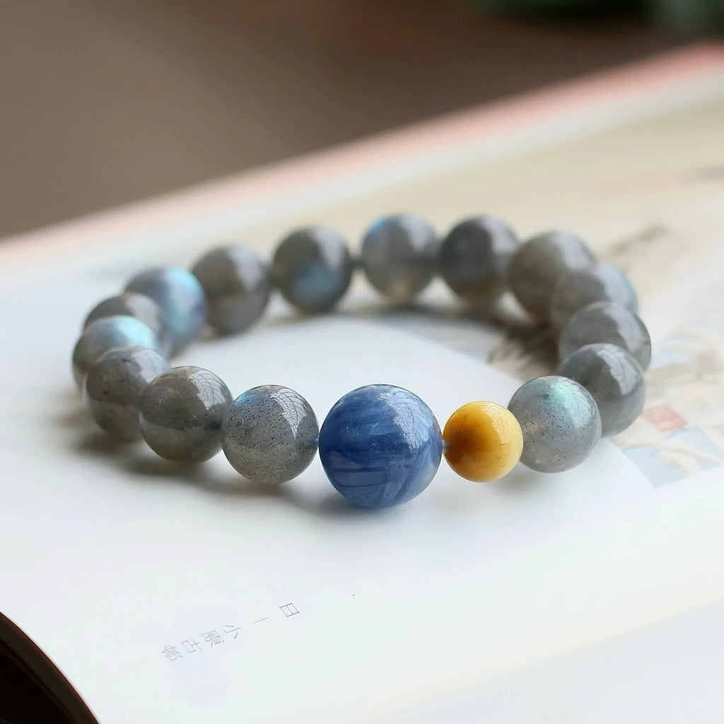 Grey moonstone and blue kyanite bracelet for calm emotions, spiritual insight, and balanced energy – natural healing crystal jewelry.