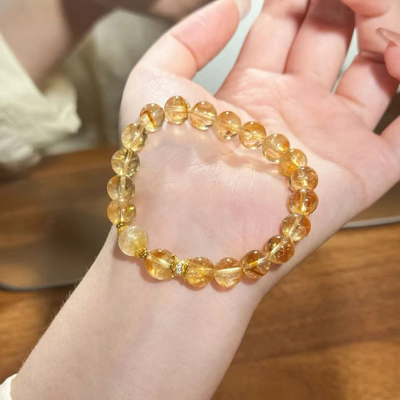 Golden citrine crystal bracelet, natural crystal jewelry designed for mindful styling and layering with other bracelets.