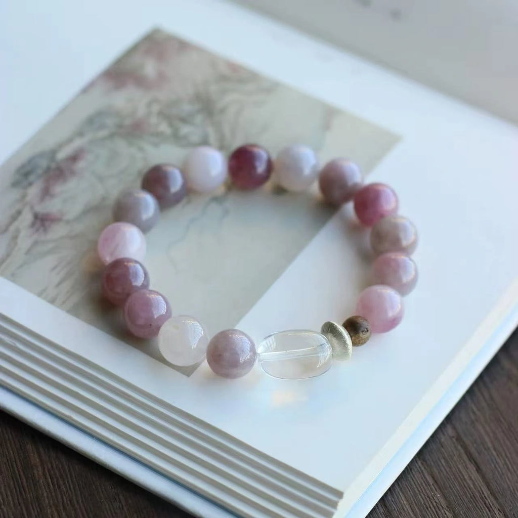 Real pink and clear quartz bracelet, promoting emotional harmony, self-love, and gentle energy.